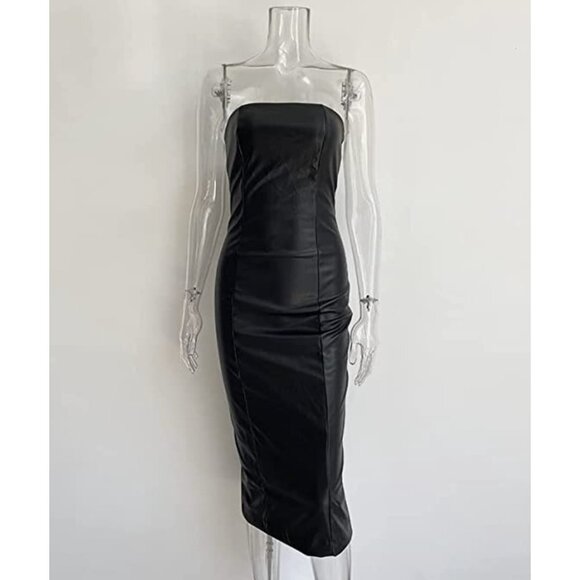 Sexy Black Leather Strapless Tube Top Bodycon Mini Bustier Pencil Midi Dress‎ - Picture 7 of 10